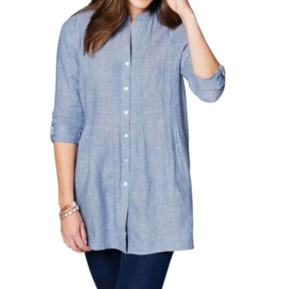 J.Jill 100% Linen Pintuck Tunic Top Button Front Roll-Tab Sleeve Blue Love Linen - Picture 1 of 15